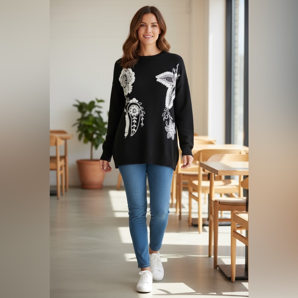 Chaps Ralph Lauren black and white sweater with paisley floral embroidery Large - Picture 11 of 11